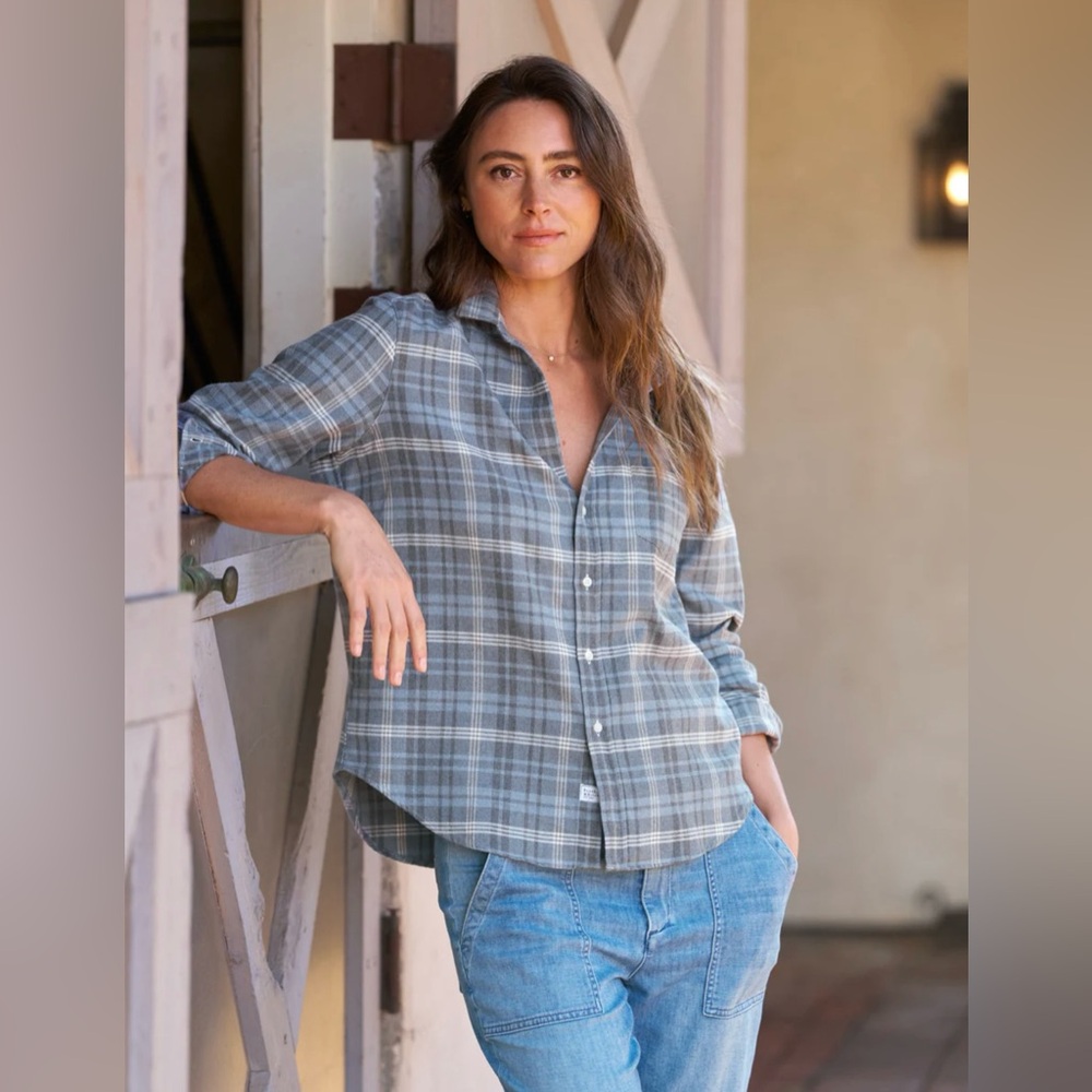 Frank & Eileen Blue Barry Button Down Linen Plaid Shirt Size XXS